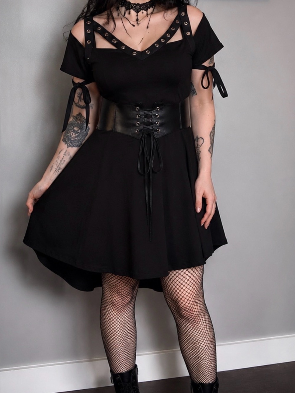 Scarlet Darkness Goth Punk Lace-Up Corset Dress With Faux Leather Details